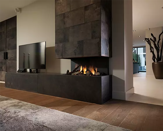 modern open gas fireplace with vent