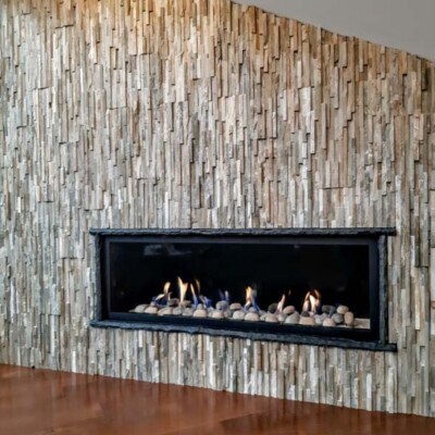new slanted stone gas fireplace